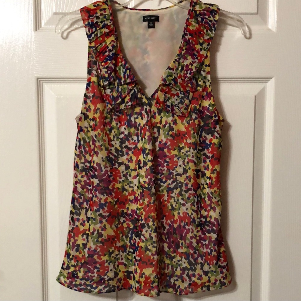 Nine West Red Multi Color Ruffled Sleeveless Blouse Size 8 Medium